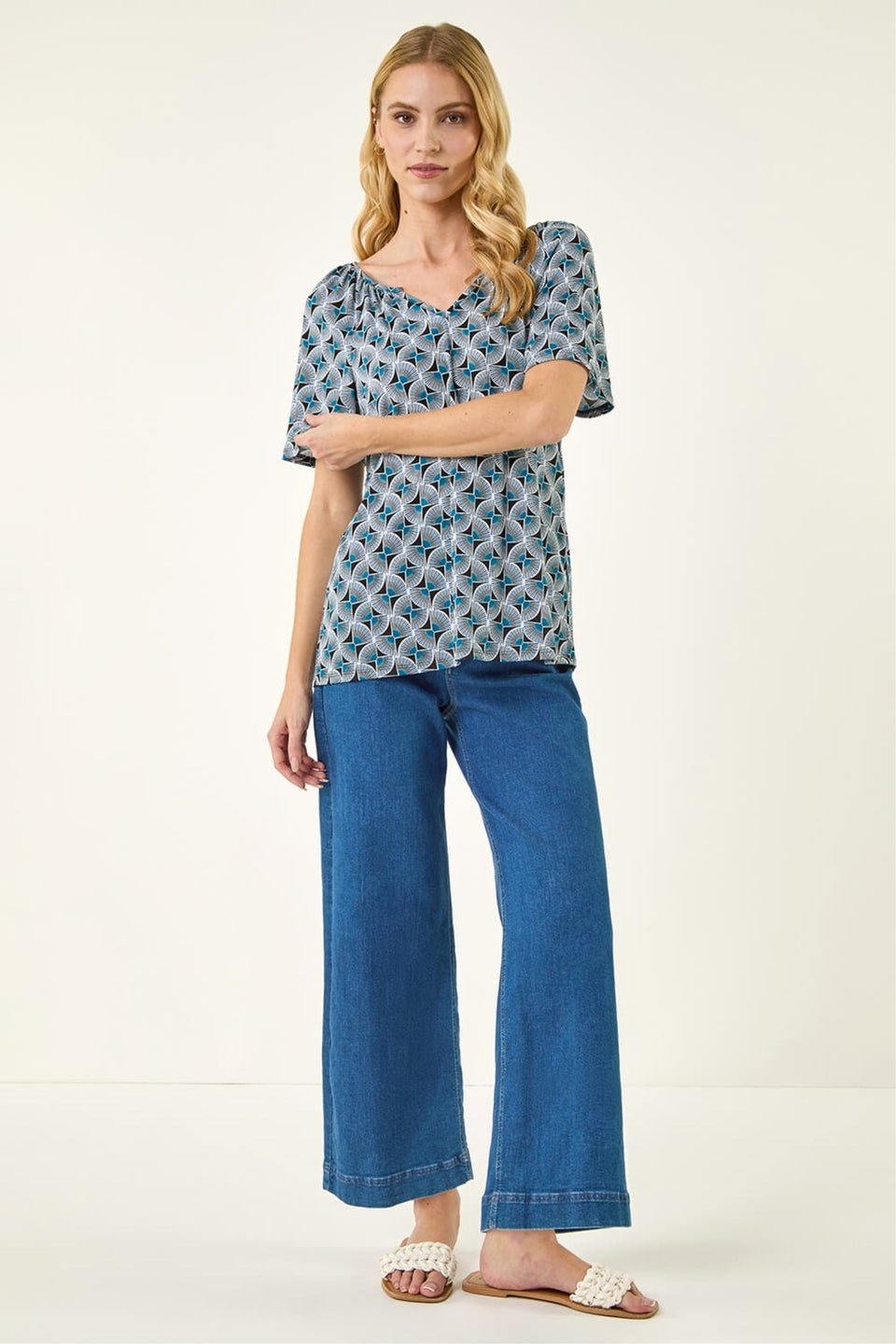 Roman Blue Abstract Print V-Neck Stretch Top