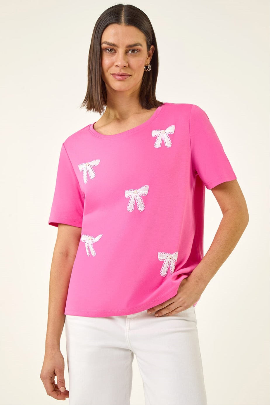Roman Pink Faux Pearl Embellished Bow T-Shirt