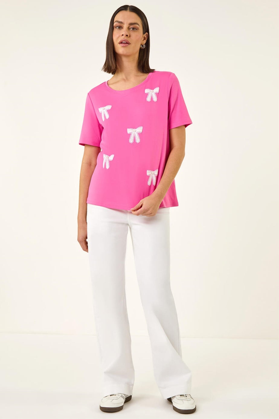 Roman Pink Faux Pearl Embellished Bow T-Shirt