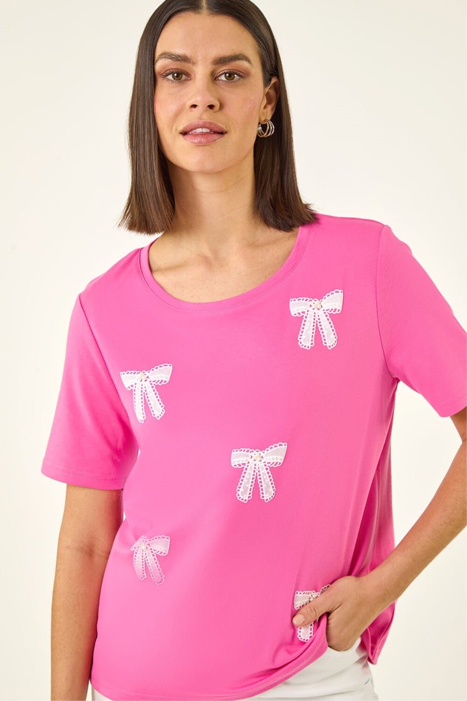 Roman Pink Faux Pearl Embellished Bow T-Shirt