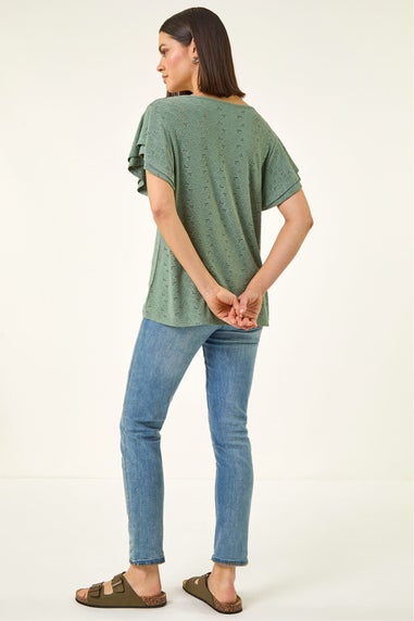 Roman Khaki Broderie Detail V-Neck Stretch Top