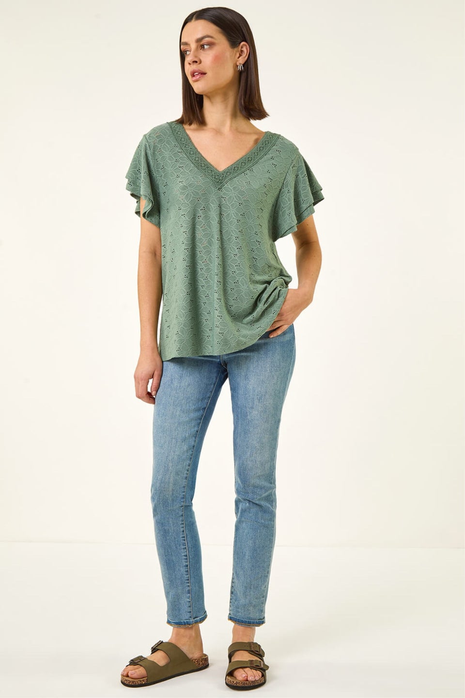 Roman Khaki Broderie Detail V-Neck Stretch Top