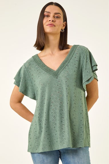 Roman Khaki Broderie Detail V-Neck Stretch Top