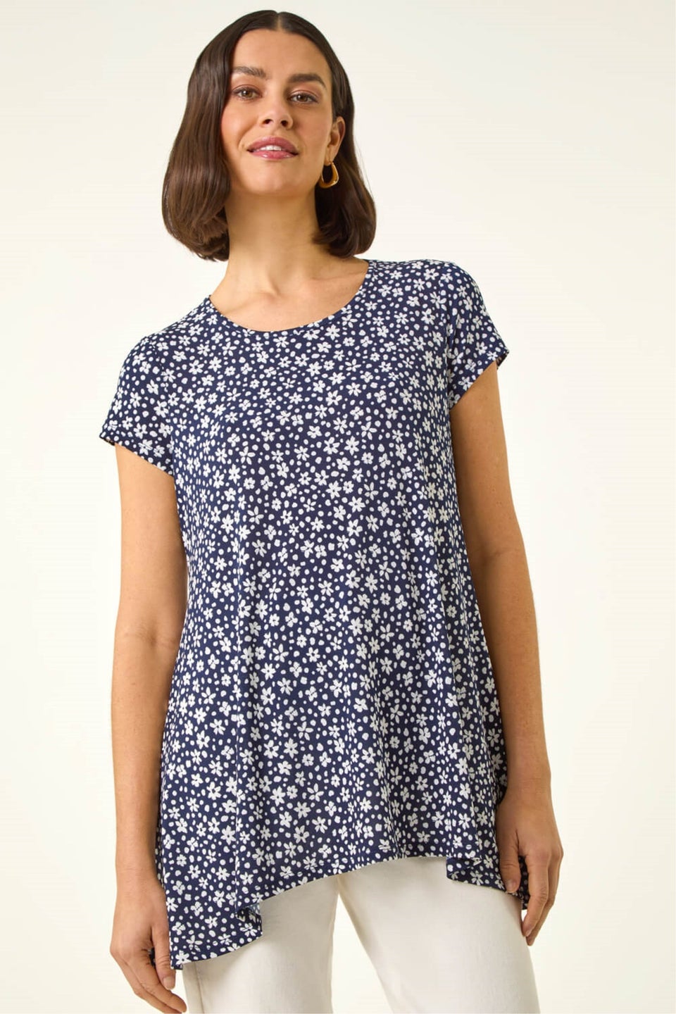Roman Navy Floral Hanky Hem Tunic Top
