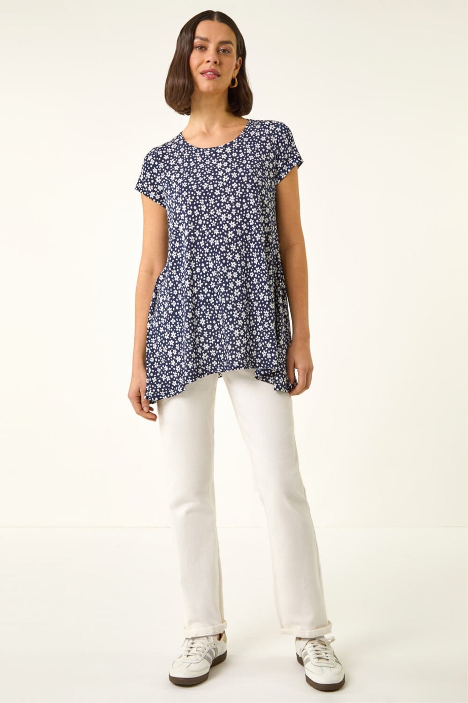 Roman Navy Floral Hanky Hem Tunic Top