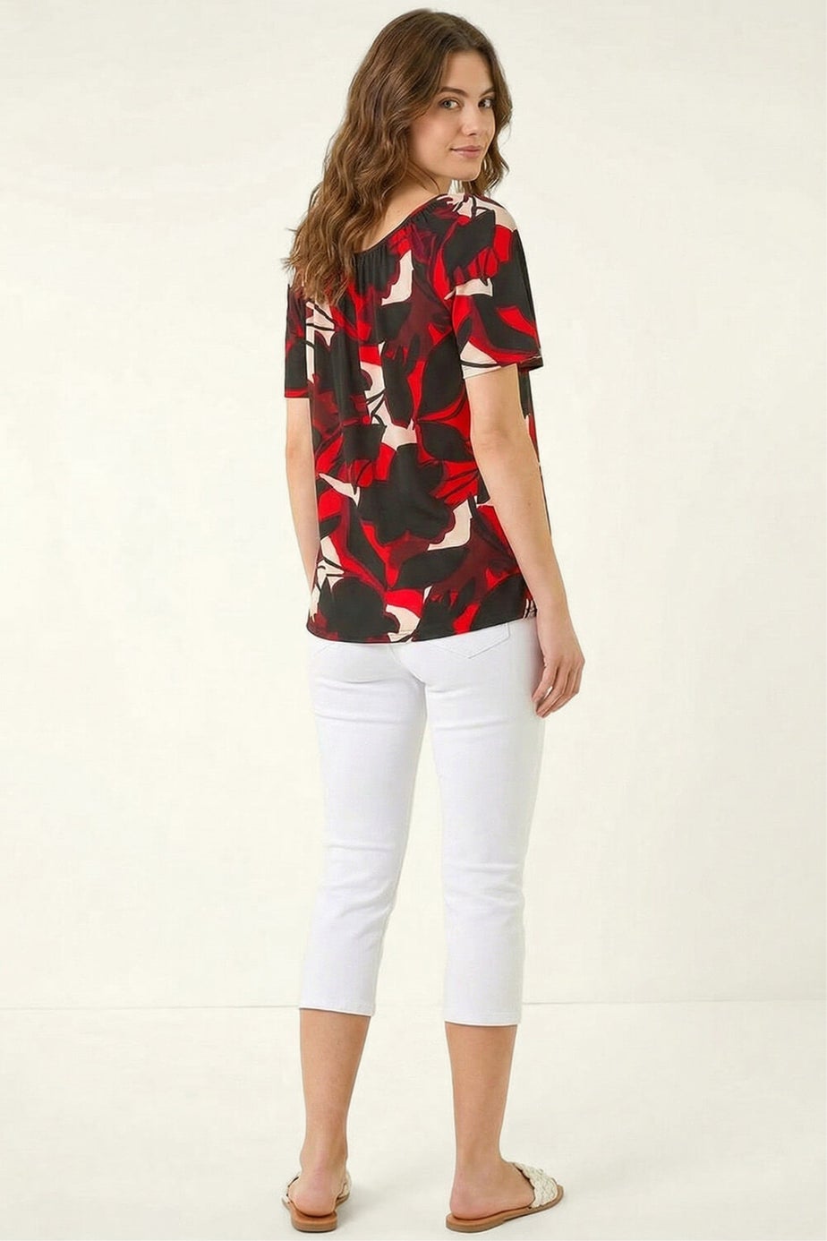 Roman Red Gathered Notch Neck Stretch Top