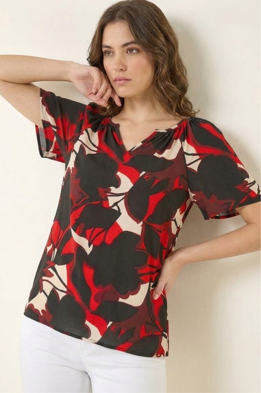 Roman Red Gathered Notch Neck Stretch Top