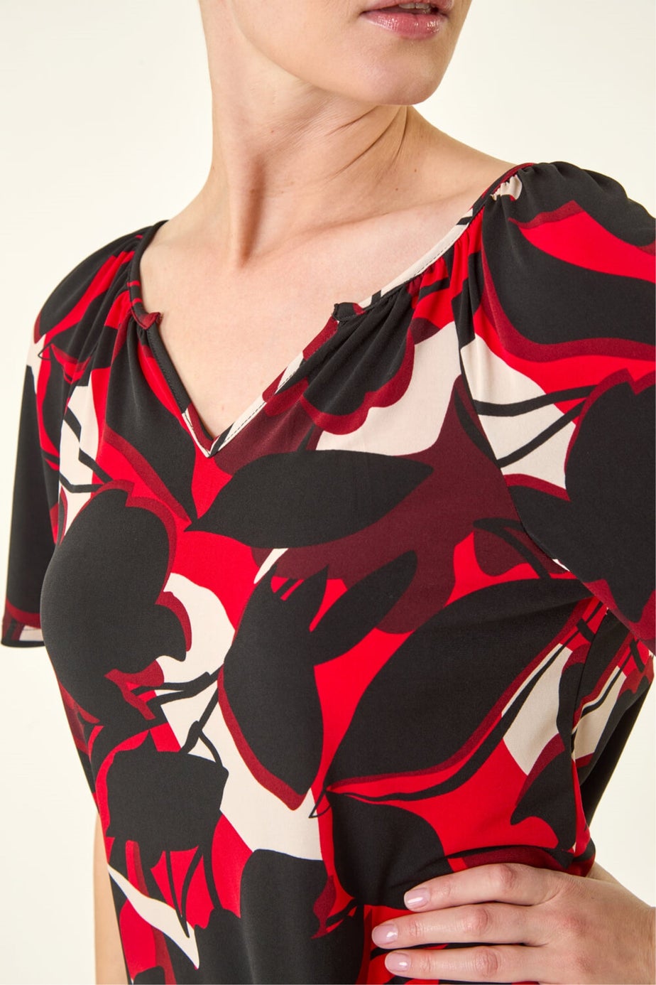 Roman Red Gathered Notch Neck Stretch Top