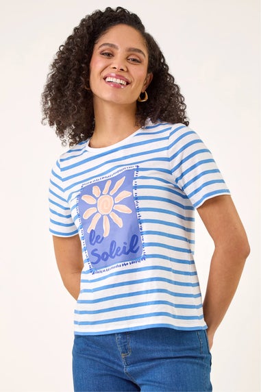 Roman Blue Motif Stripe Print Cotton Top