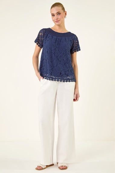 Roman Navy Lace Detail Bardot Top