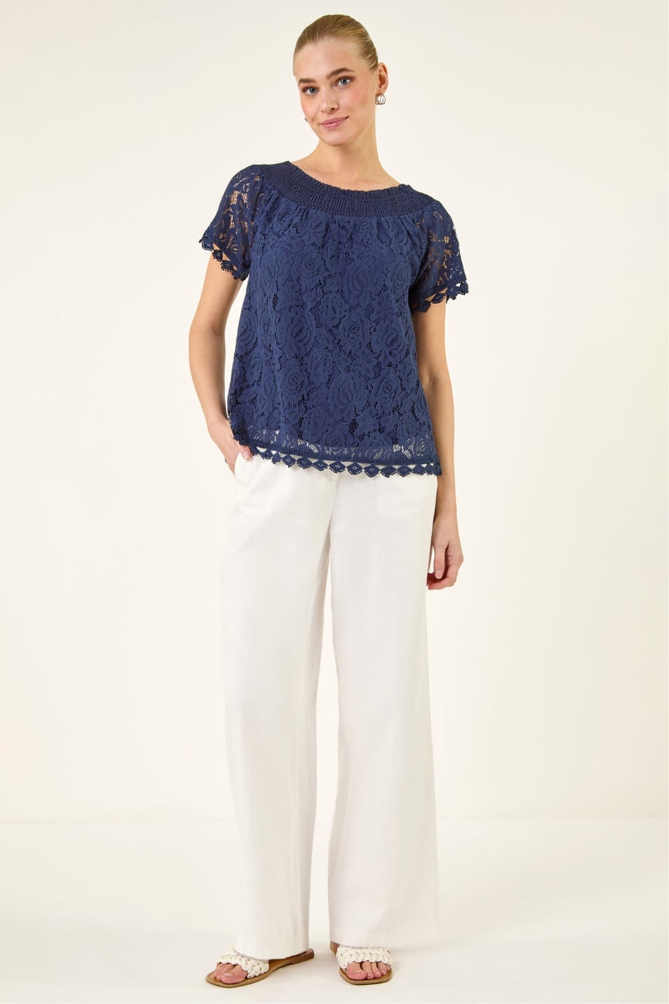 Roman Navy Lace Detail Bardot Top