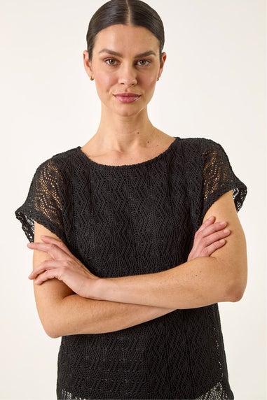 Roman Black Lace Overlay Stretch Top