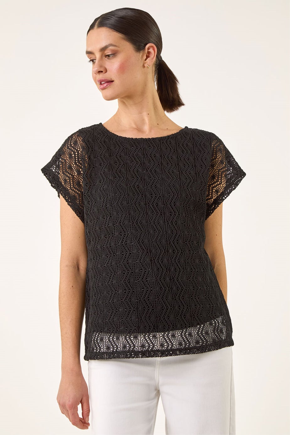 Roman Black Lace Overlay Stretch Top