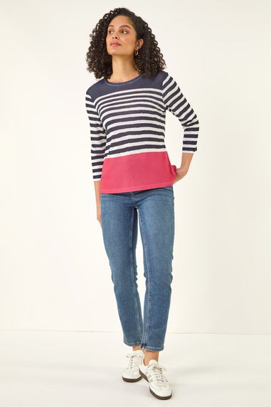 Roman Navy Contrasting Stripe Print Top