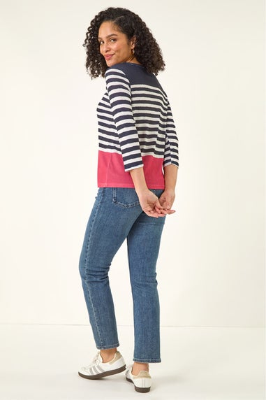Roman Navy Contrasting Stripe Print Top