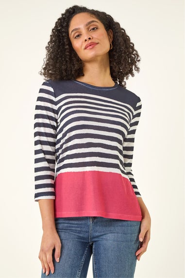 Roman Navy Contrasting Stripe Print Top