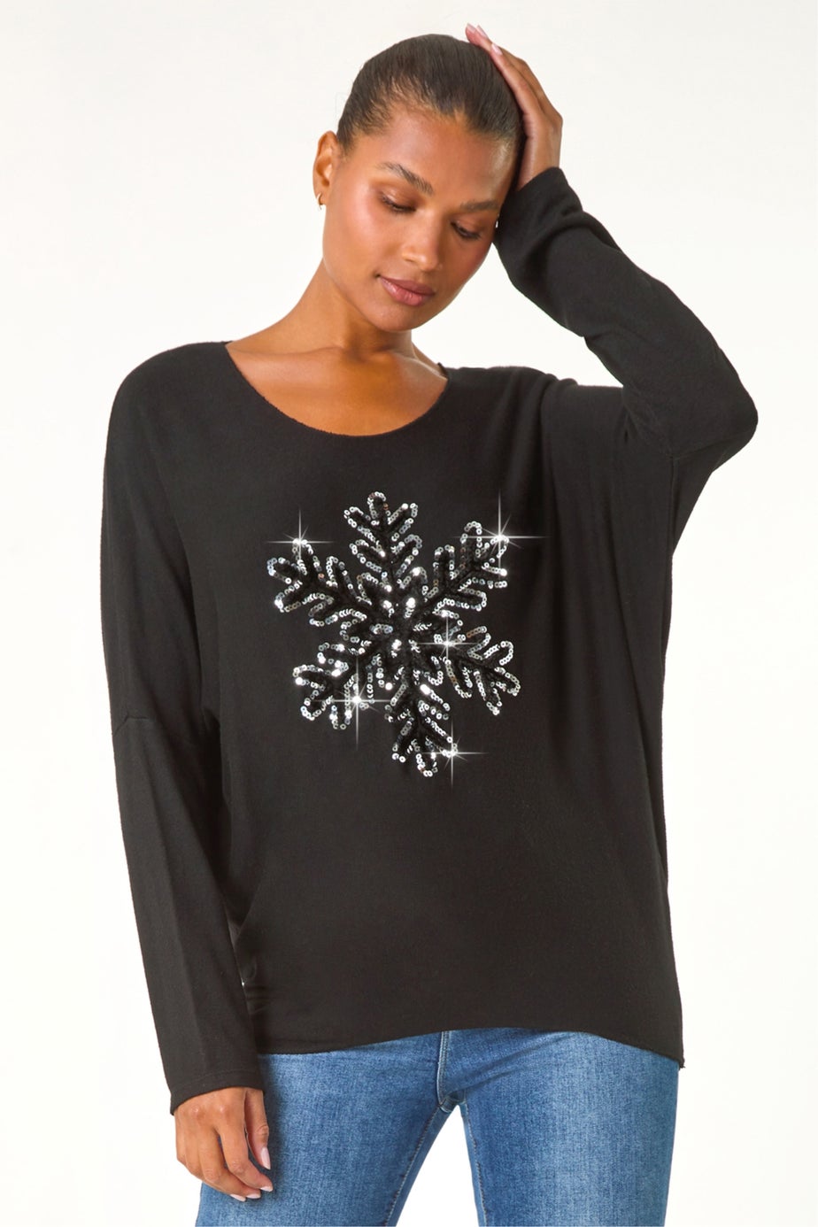 Roman Black Embellished Snowflake Stretch Top