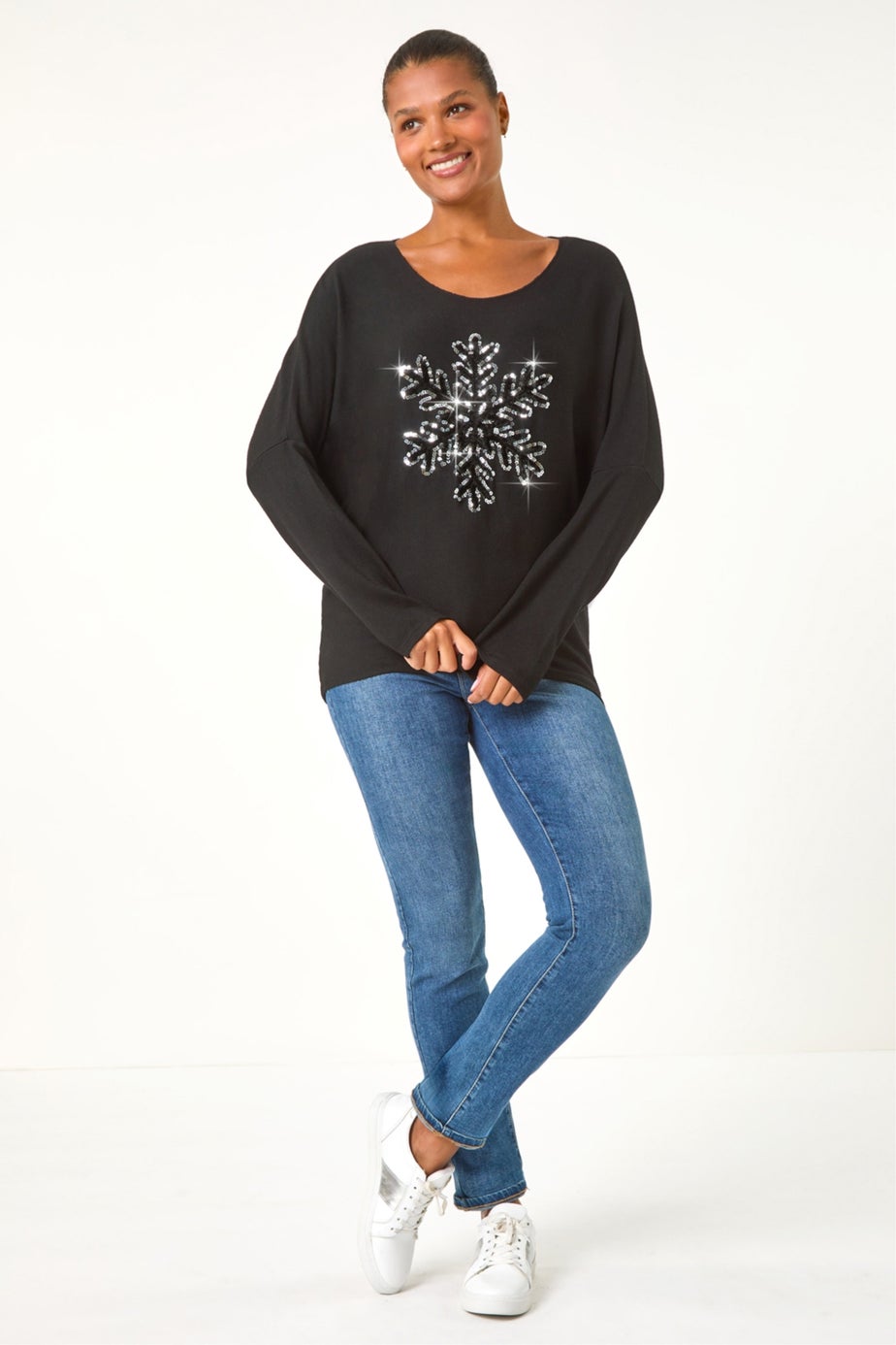 Roman Black Embellished Snowflake Stretch Top