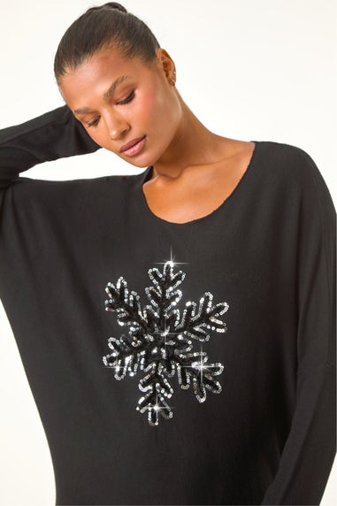 Roman Black Embellished Snowflake Stretch Top