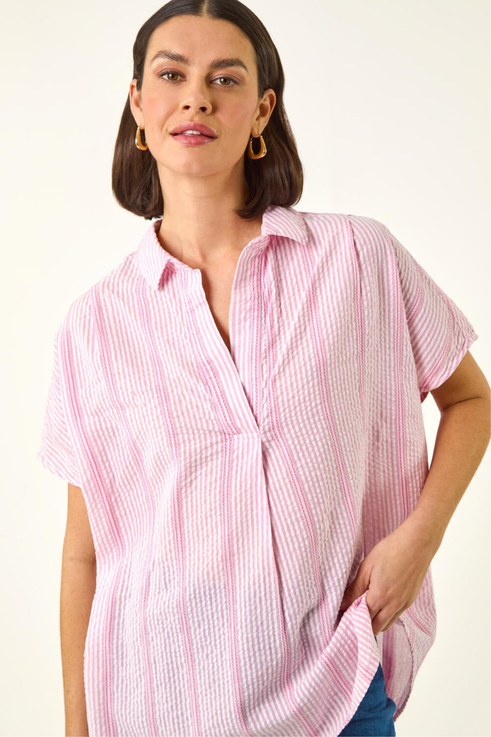 Roman Light Pink Stripe Pleated Neck Top