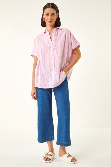 Roman Light Pink Stripe Pleated Neck Top