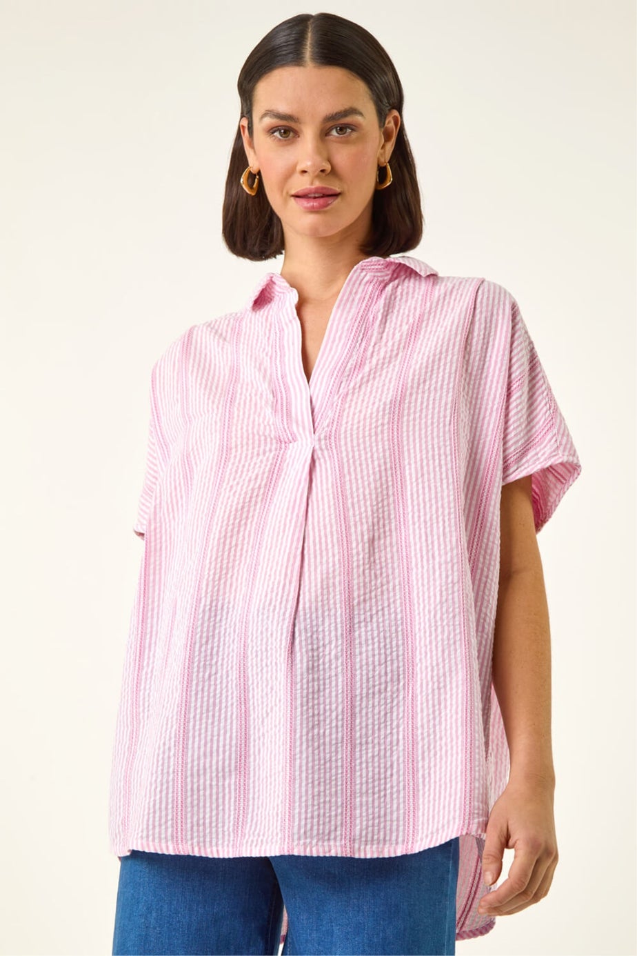 Roman Light Pink Stripe Pleated Neck Top
