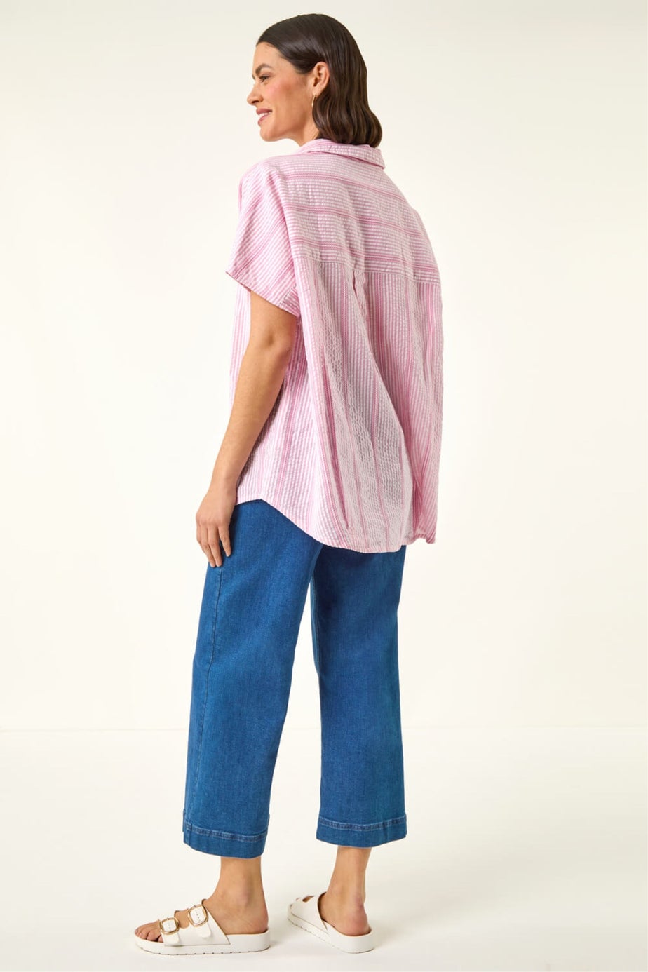 Roman Light Pink Stripe Pleated Neck Top