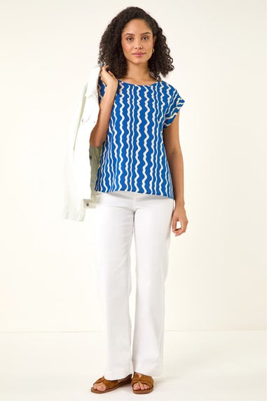 Roman Blue Abstract Wave Print Shell Top