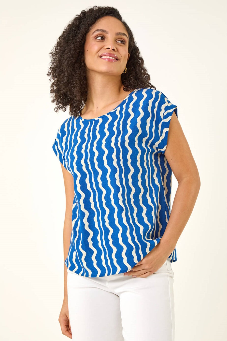 Roman Blue Abstract Wave Print Shell Top