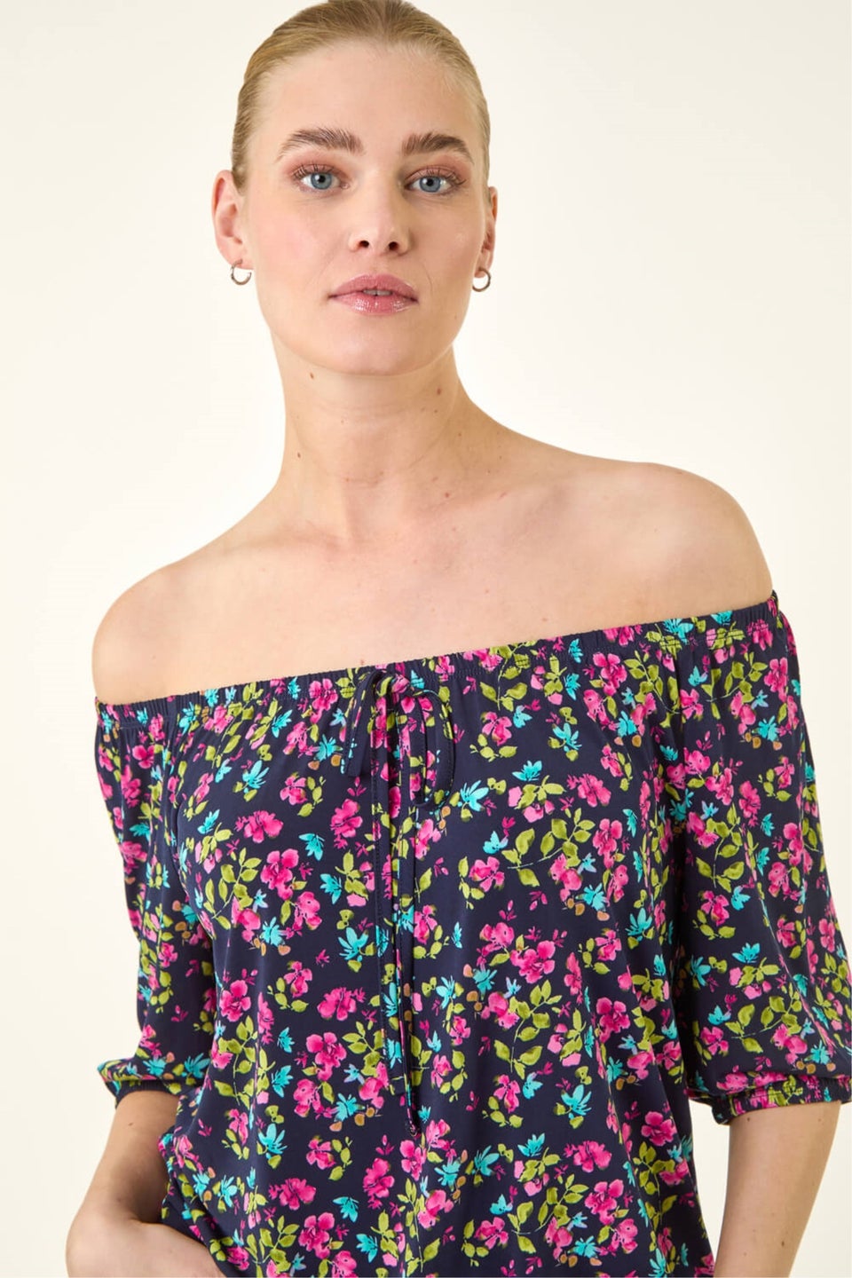 Roman Pink Floral Print Stretch Bardot Top