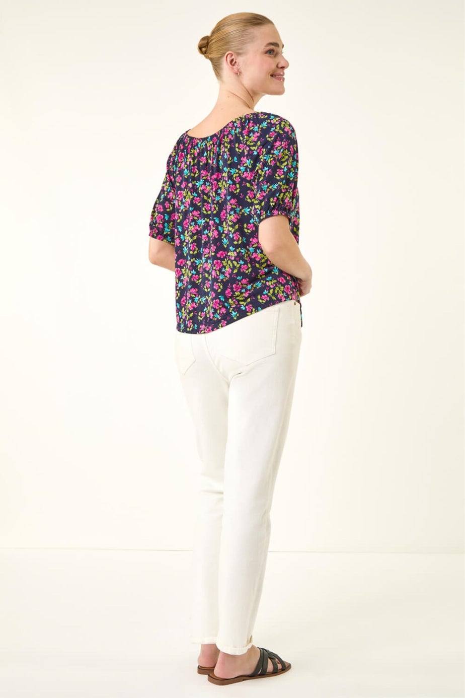 Roman Pink Floral Print Stretch Bardot Top