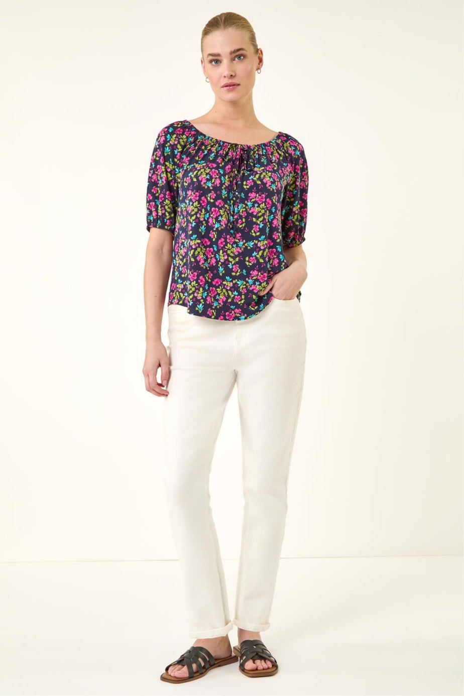 Roman Pink Floral Print Stretch Bardot Top