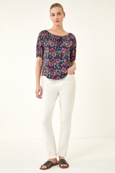 Roman Pink Floral Print Stretch Bardot Top