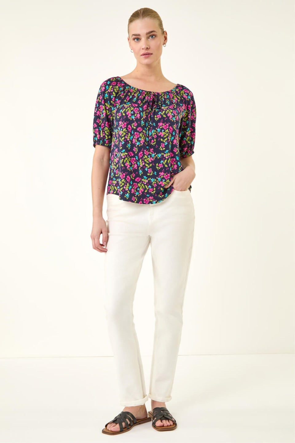 Roman Pink Floral Print Stretch Bardot Top