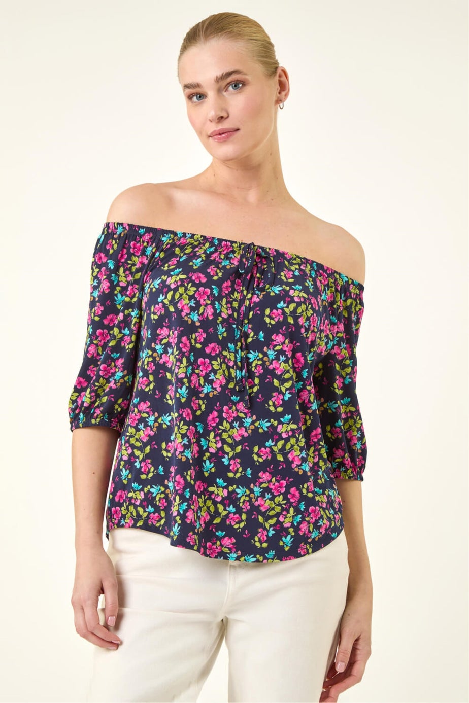 Roman Pink Floral Print Stretch Bardot Top