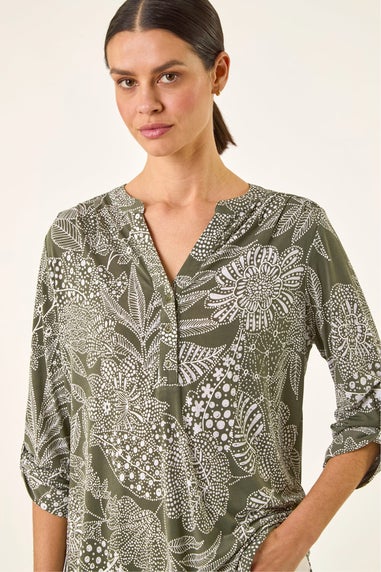Roman Sage Floral Puff Print Gathered Shirt