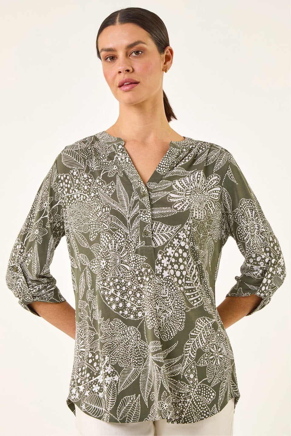 Roman Sage Floral Puff Print Gathered Shirt