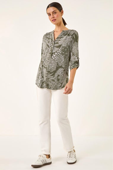 Roman Sage Floral Puff Print Gathered Shirt