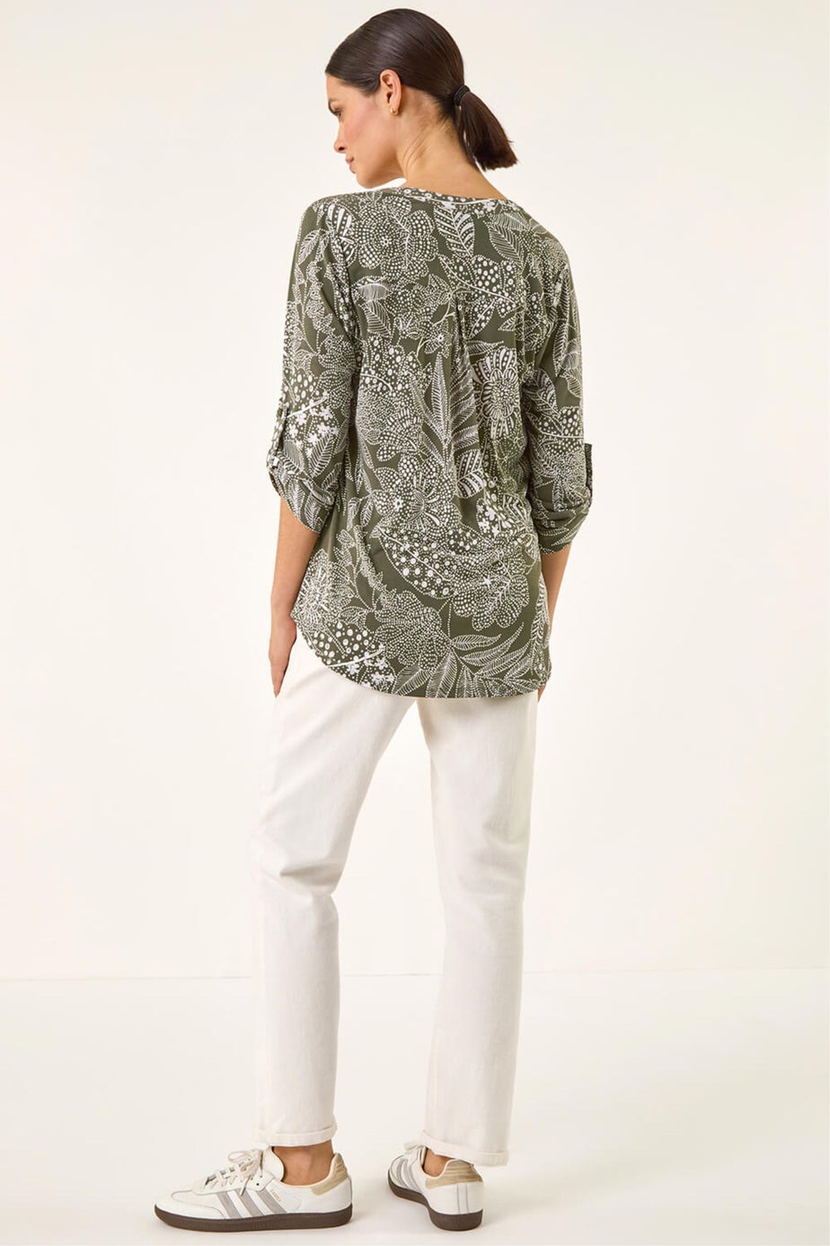 Roman Sage Floral Puff Print Gathered Shirt