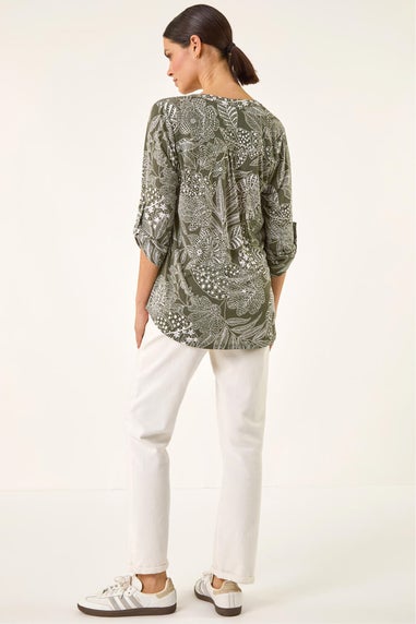 Roman Sage Floral Puff Print Gathered Shirt