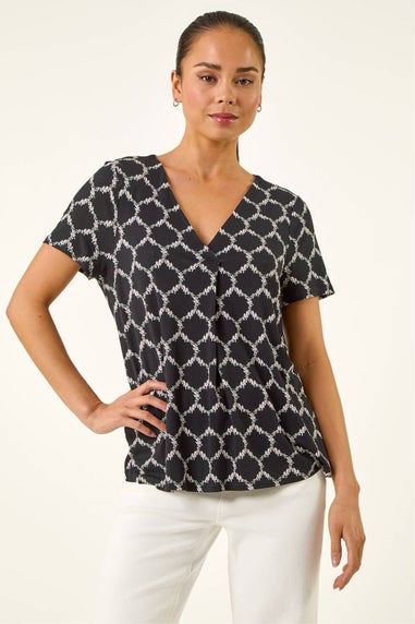 Roman Black Petite Abstract V-Neck Stretch Top