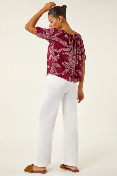 Roman Red Floral Puff Print Bardot Top