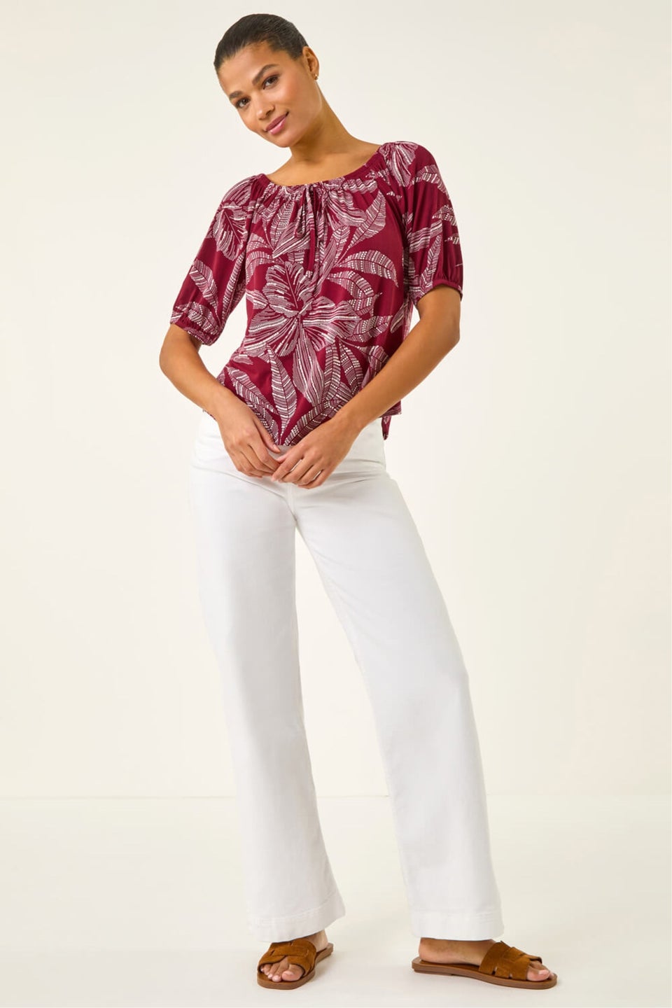 Roman Red Floral Puff Print Bardot Top