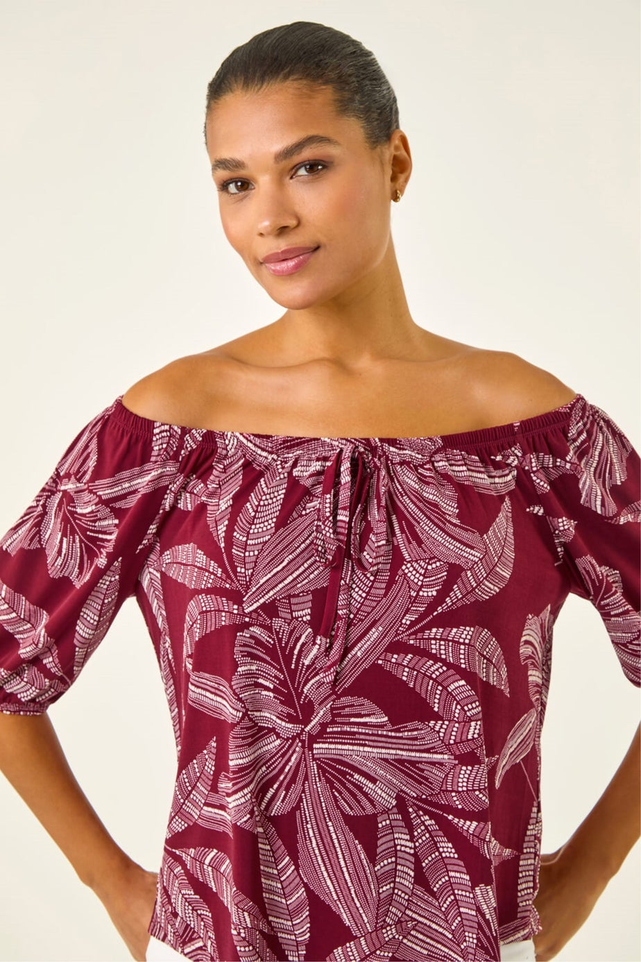 Roman Red Floral Puff Print Bardot Top