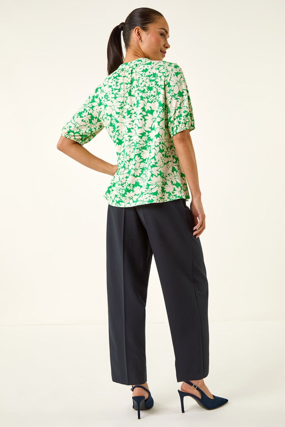 Roman Green Petite Floral Tie Front Top