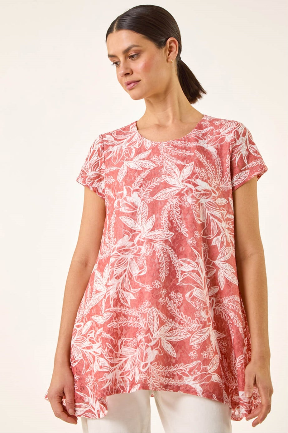 Roman Orange Printed Lace Hanky Hem Top