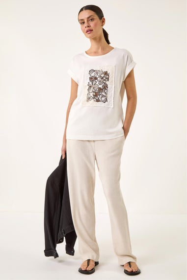 Roman Ivory Embroidered Crochet Panel T-Shirt
