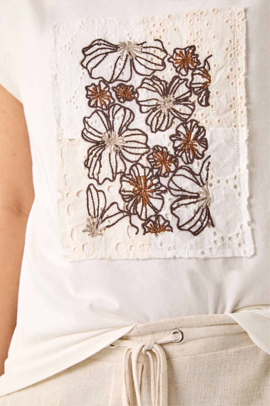 Roman Ivory Embroidered Crochet Panel T-Shirt