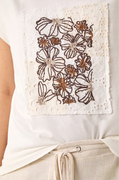 Roman Ivory Embroidered Crochet Panel T-Shirt