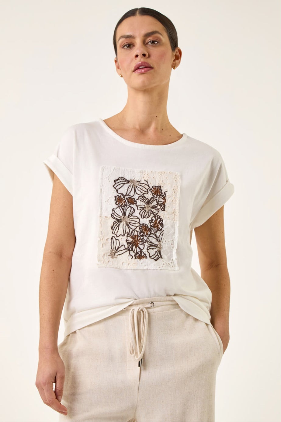 Roman Ivory Embroidered Crochet Panel T-Shirt